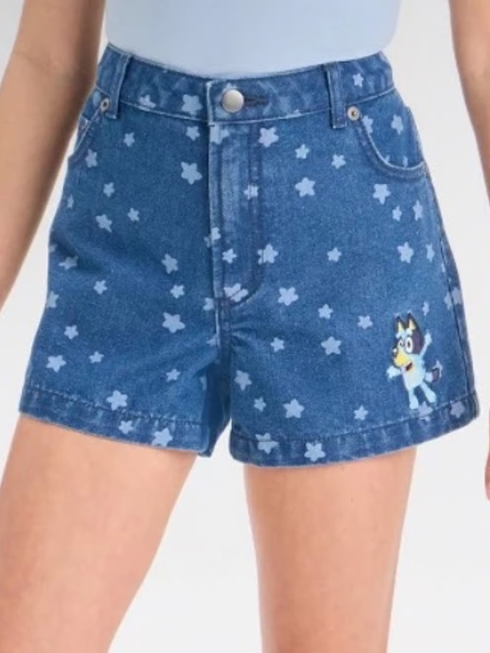 Girls' Bluey Denim Shorts - Blue, Mid Rise, Front Pocket, Embroidered